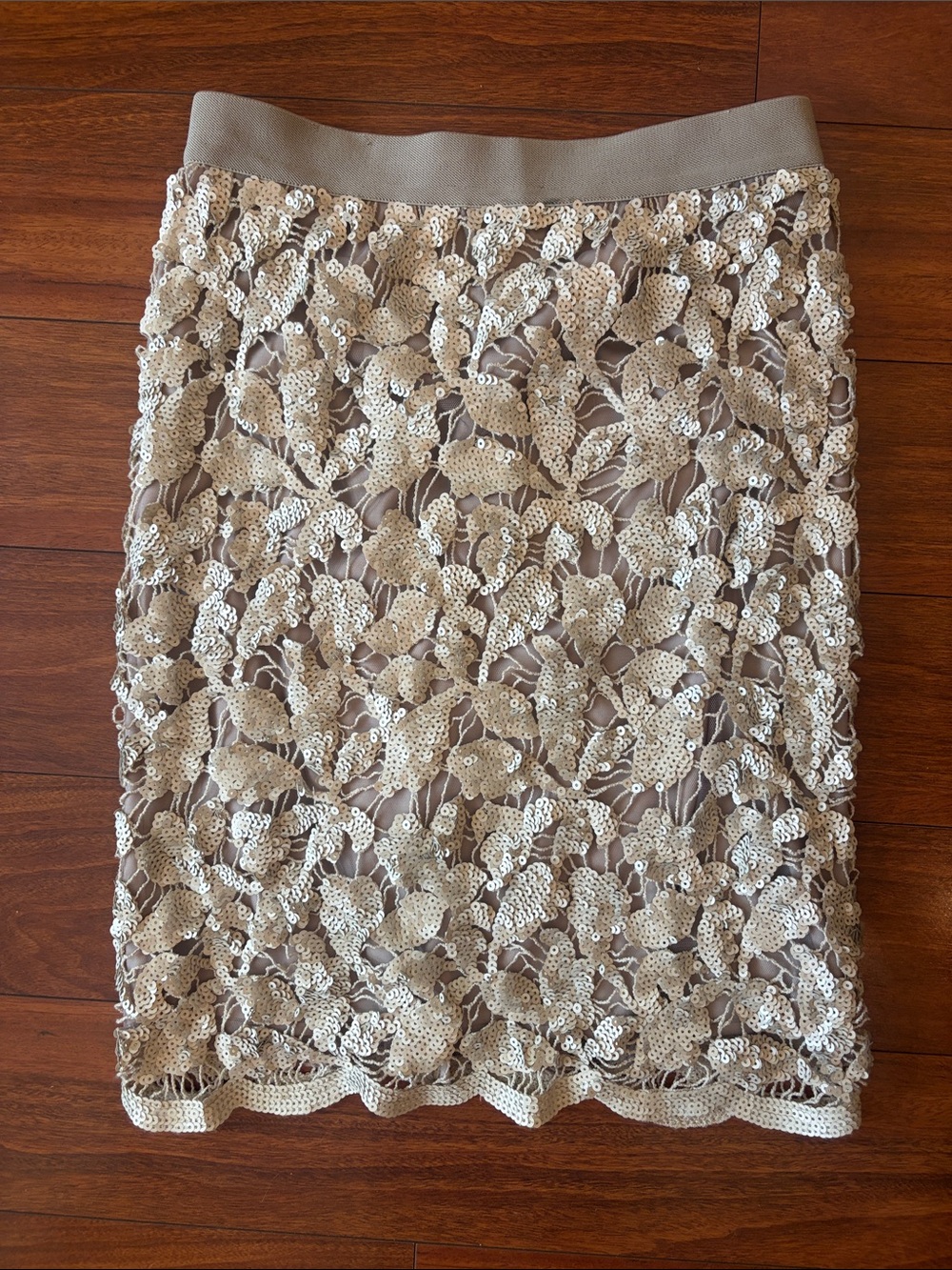 BCBGMaxAzria Beige Floral Sequin Pencil Skirt
